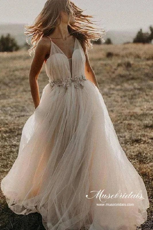 Final Sale Roycebridal Tulle Beaded A-line Spaghetti Straps V-neck Beach Wedding Dresses, MW984 Final Sale Roycebridal Tulle Beaded A-line Spaghetti Straps V-neck Beach Wedding Dresses, MW984