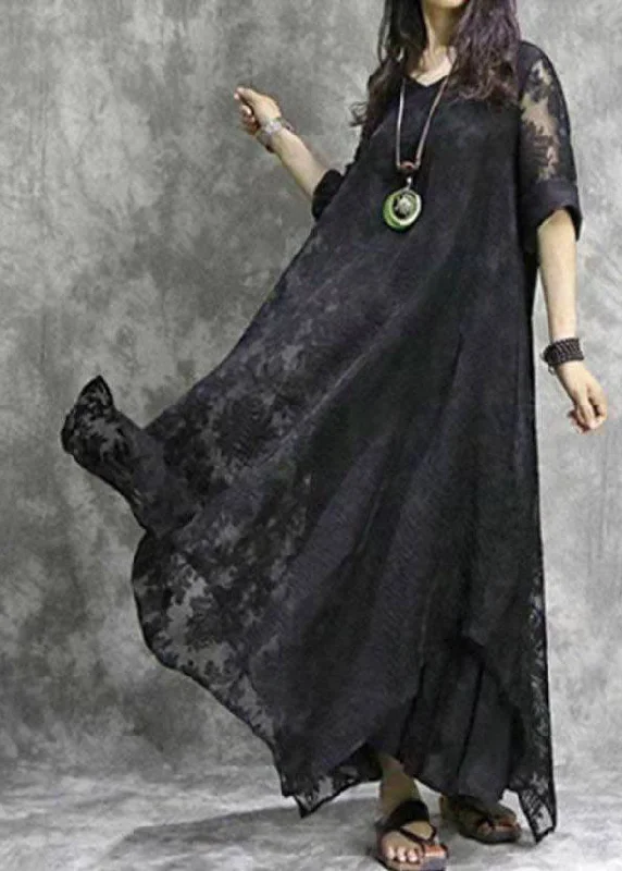 Feminine Dresses for Women in Bold Prints French Black V Neck asymmetrical Floral design Dress Spring Feminine Dresses for Women in Bold Prints French Black V Neck asymmetrical Floral design Dress Spring