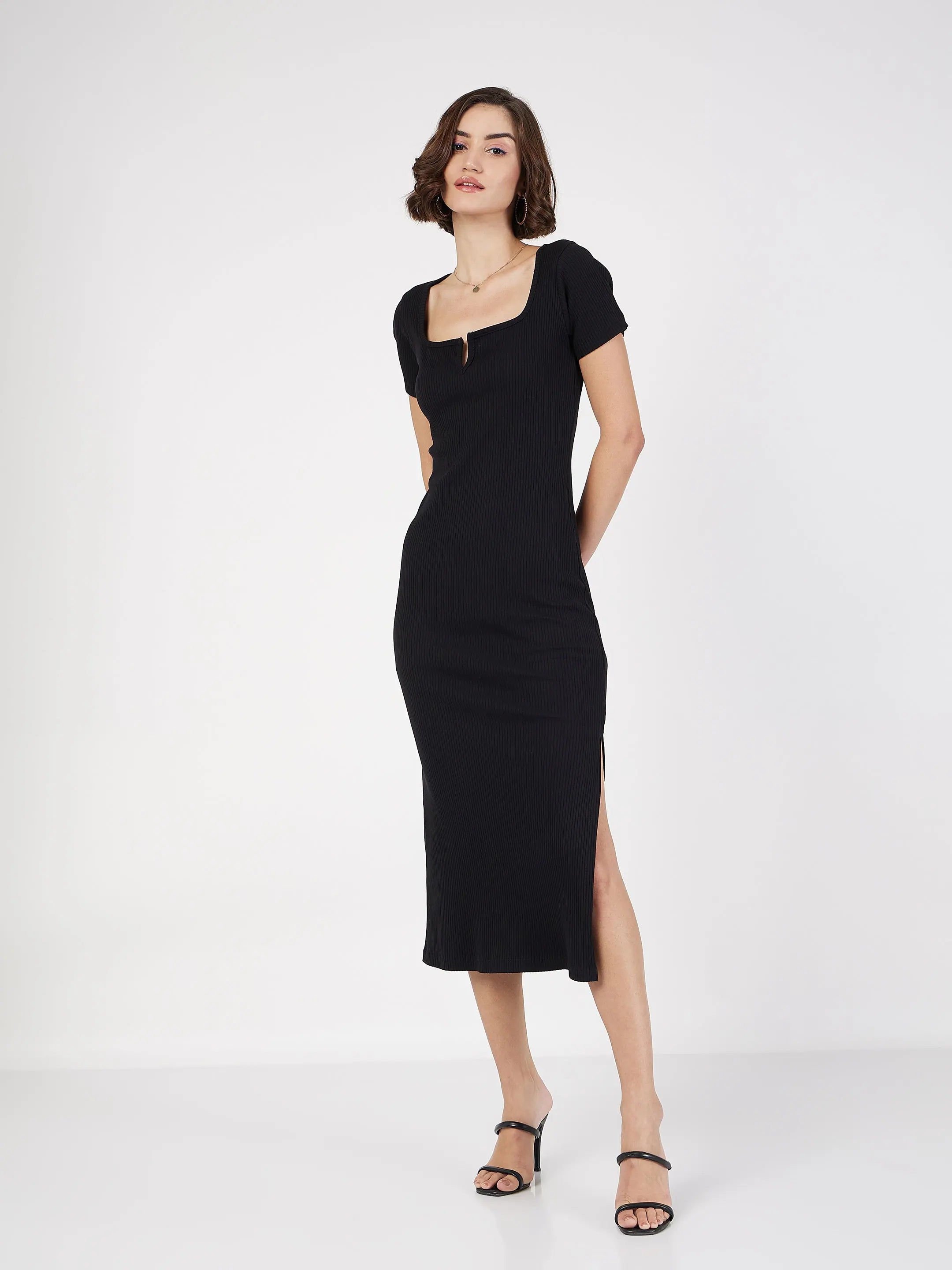 Casual Fashion Women Black Rib V-Neck Midi Dress