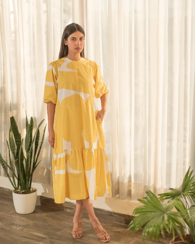 End Of Season Sale Yellow Abstract Print Bottom Flare Dress