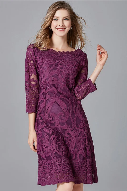 Chic Wardrobe Three Quarter Sleeve Lace Midi Dress