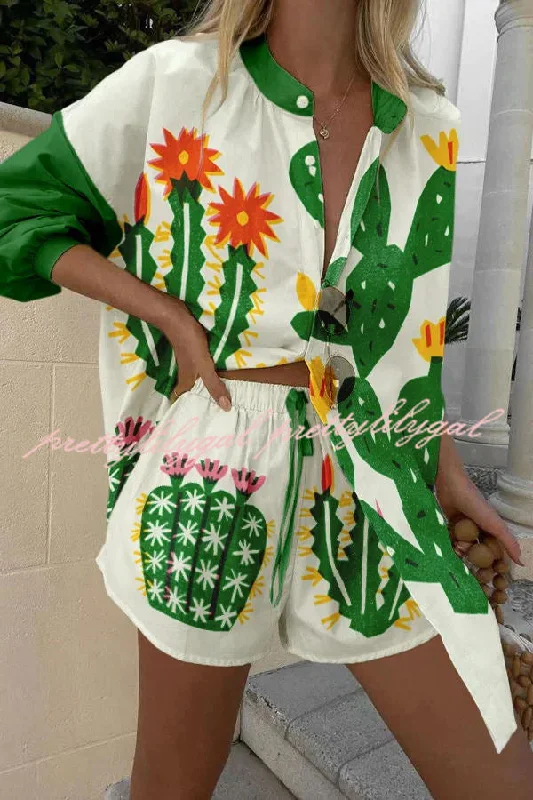 Bold Prints Casual Chic Beautiful Contrasting Cactus Print Button Pocket Lace Up Shorts Set Bold Prints Casual Chic Beautiful Contrasting Cactus Print Button Pocket Lace Up Shorts Set