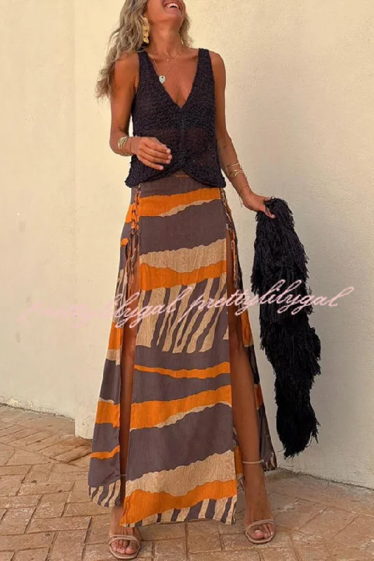 Chic And Edgy Bendita Colorblock Print Elastic Waist Side Lace-up Slit Maxi Skirt