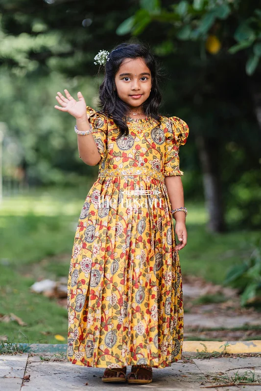 Timeless Classics Girls Sunshine Yellow Kalamkari Printed Anarkali Dress with Embellished Neckline Timeless Classics Girls Sunshine Yellow Kalamkari Printed Anarkali Dress with Embellished Neckline