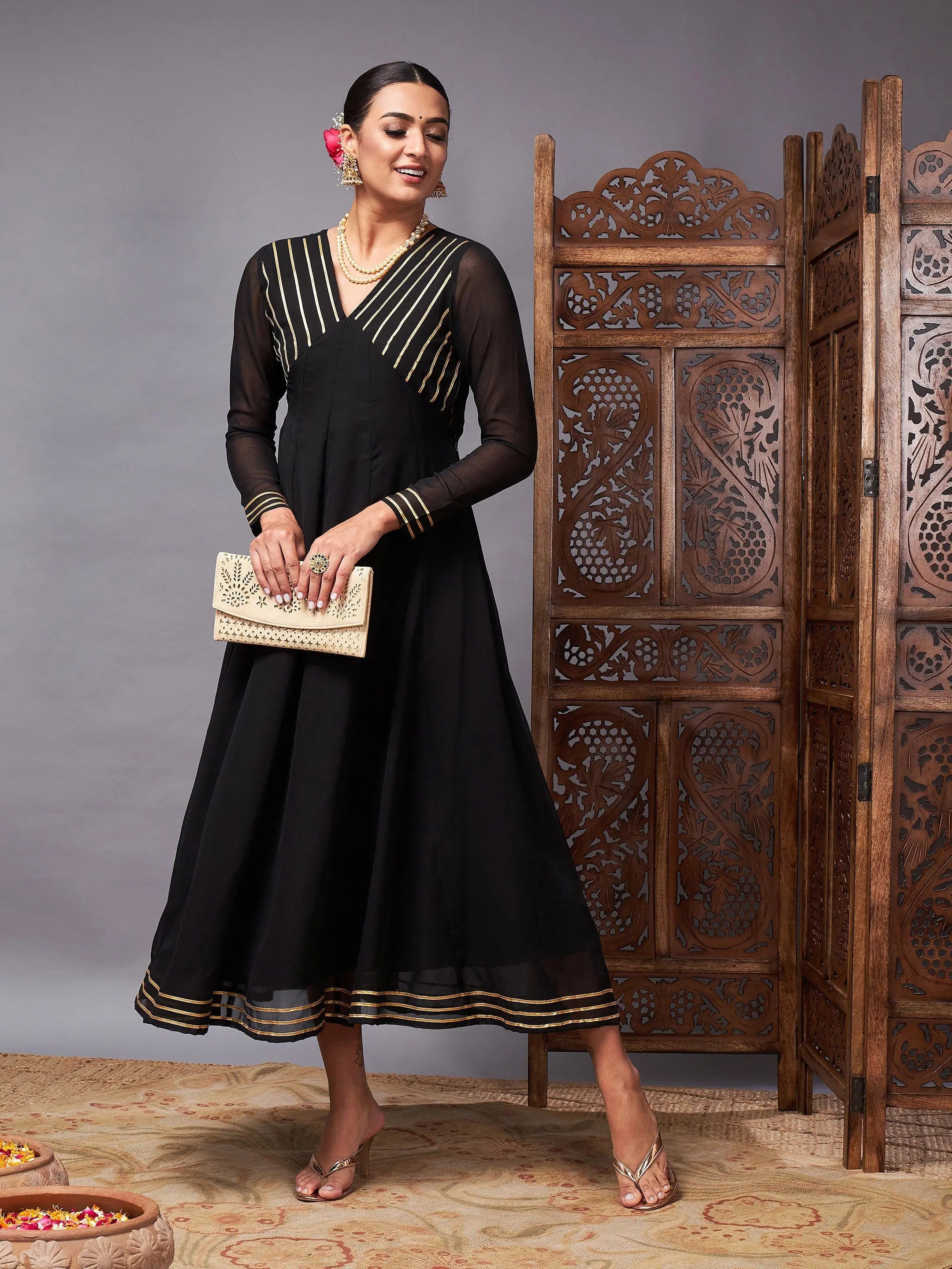 Hot Sale Women Black Gota Lace Detail Anarkali Maxi Dress