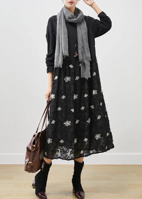 Athleisure Wear Stylish Black Floral Exra Large Hem Cotton Maxi Dresses Spring