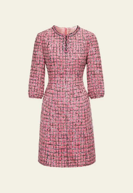 Seasonal Trends Pink Puff Sleeve Tweed Midi Dress