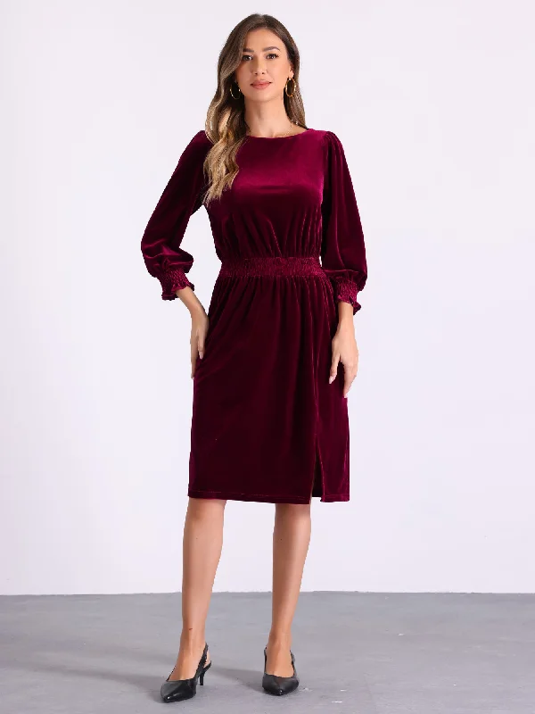 Don't Miss Out Boat Neck Puff Sleeve Smocked Velvet Midi Dress