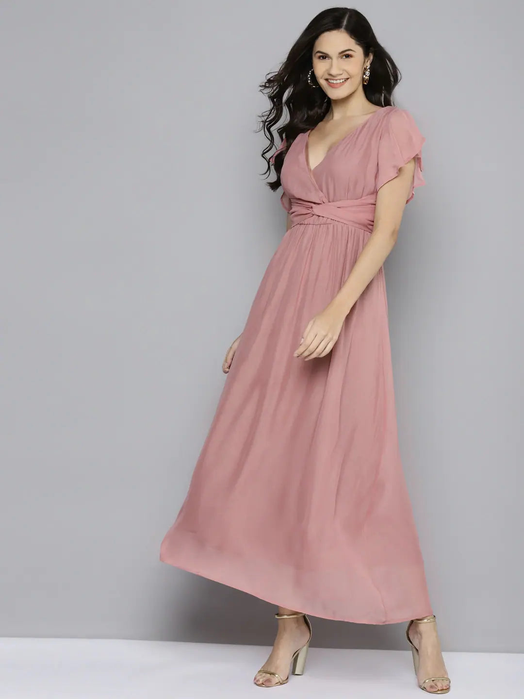 Limited Styles Women Onion Pink Wrap Belted Maxi Dress