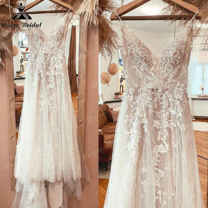 Style Your Wardrobe Robe Boho Champagne Lace Bohemian Backless Wedding Dress Beach V Neck 2025 Appliques Spaghetti Straps Bridal Gowns Custom Made Style Your Wardrobe Robe Boho Champagne Lace Bohemian Backless Wedding Dress Beach V Neck 2025 Appliques Spaghetti Straps Bridal Gowns Custom Made