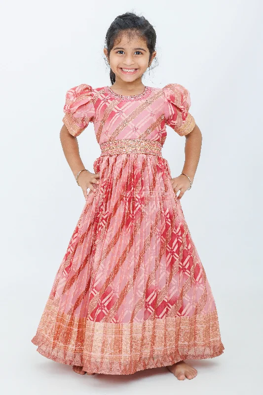 Weekend Sale Girls Party Gown in Red Tissue Silk with Golden Accents and Geometric Pattern Weekend Sale Girls Party Gown in Red Tissue Silk with Golden Accents and Geometric Pattern