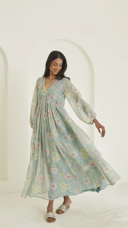 Trendy Women's Outfits for Casual Wear Gratitude Sage-Green Sooti Chanderi Dress