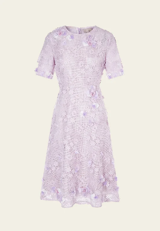 Relaxed Fashion Lilac Round Neck Lace Midi Dress