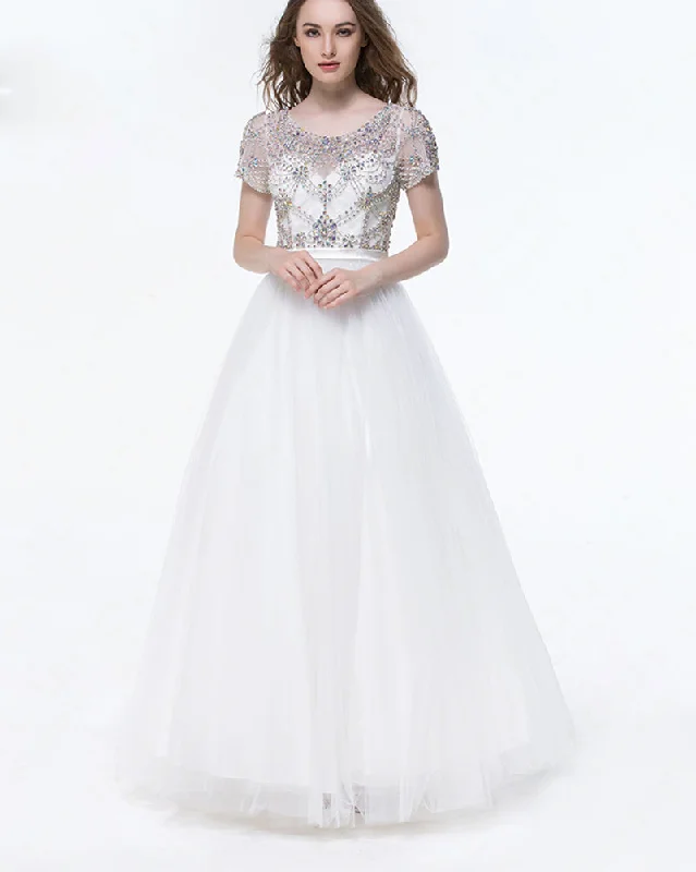 Trendy New Clothes Short Sleeves Girls White Long Graduate Prom Dress with Rhinestones Sweet Party Dress PL0821 Trendy New Clothes Short Sleeves Girls White Long Graduate Prom Dress with Rhinestones Sweet Party Dress PL0821