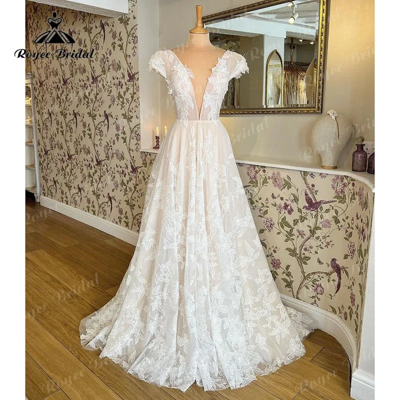 The Epitome Of Modern Women's Fashion Trouwjurk Gorgeous A Line Wedding Dress Cap Sleeve Lace Appliqued Deep V Neck Blush Pink Bridal Gowns For Women Robe De Mariée The Epitome Of Modern Women's Fashion Trouwjurk Gorgeous A Line Wedding Dress Cap Sleeve Lace Appliqued Deep V Neck Blush Pink Bridal Gowns For Women Robe De Mariée