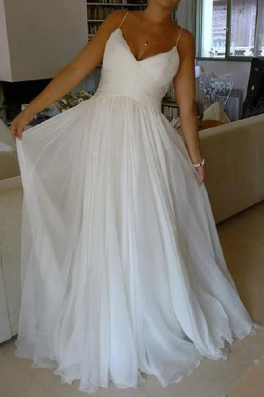 Trendy Street Style Clothing Roycebridal White A-line Chiffon Simple V-neck Spaghetti Straps Court Train Wedding Dresses, MW257 Trendy Street Style Clothing Roycebridal White A-line Chiffon Simple V-neck Spaghetti Straps Court Train Wedding Dresses, MW257