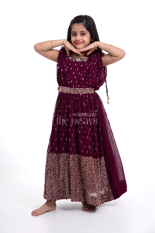Festival Fashion Maroon Georgette Embroidered Party Gown for Girls