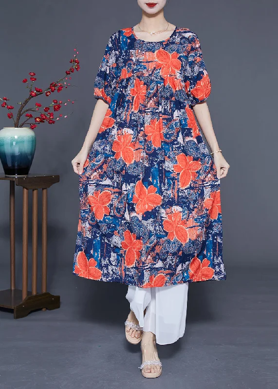 Fashionable Casual Tops French Navy O-Neck Floral Print Silk Maxi Dress Summer
