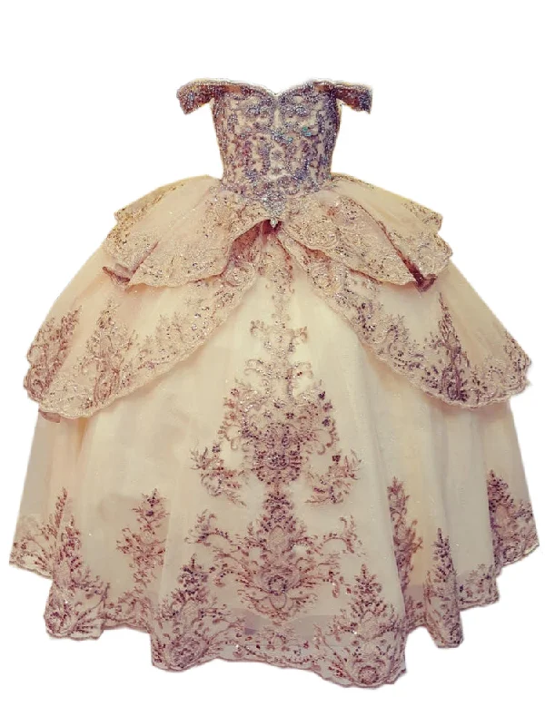 New Arrivals Little Girls Champagne Glittery Gold Embroidered Off Shoulder Ball Gown 3-6 New Arrivals Little Girls Champagne Glittery Gold Embroidered Off Shoulder Ball Gown 3-6