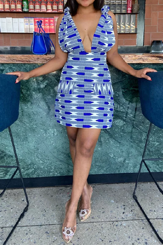 Women’s Stylish Outerwear Geometric Print Stylish Knotted Shoulder Plunging Mini Dress Women’s Stylish Outerwear Geometric Print Stylish Knotted Shoulder Plunging Mini Dress
