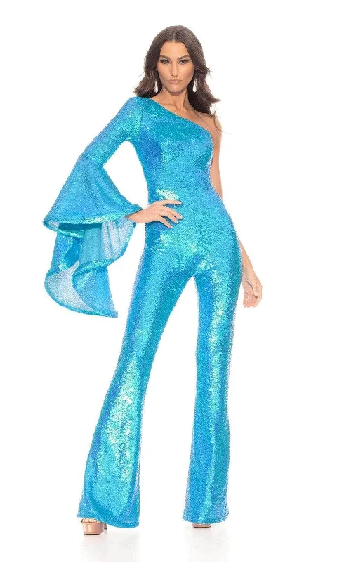 Casual Chic Ashley Lauren - Asymmetric Neck Sequin Jumpsuit 11047