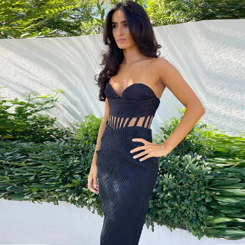 End Of Season Sale Clothing Fanciful Sweetheart Strapless Lattice Effect Corset Midi Dress - Black End Of Season Sale Clothing Fanciful Sweetheart Strapless Lattice Effect Corset Midi Dress - Black