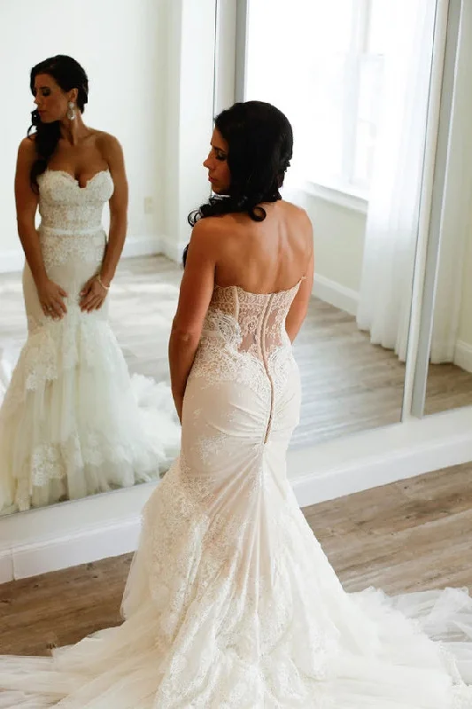 Sale Clearance Roycebridal Sweetheart Mermaid Tiered Lace Wedding Dress Ruched with Sweep Train,MW337