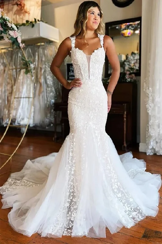 Trendy Women’s Apparel Roycebridal Gorgeous Ivory Tulle Mermaid V-neck Lace Appliqued Wedding Dresses, MW1002 Trendy Women’s Apparel Roycebridal Gorgeous Ivory Tulle Mermaid V-neck Lace Appliqued Wedding Dresses, MW1002