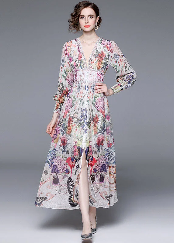 Flash Discount Italian Floral V Neck Front Open Patchwork Chiffon Vacation Dresses Long Sleeve Flash Discount Italian Floral V Neck Front Open Patchwork Chiffon Vacation Dresses Long Sleeve