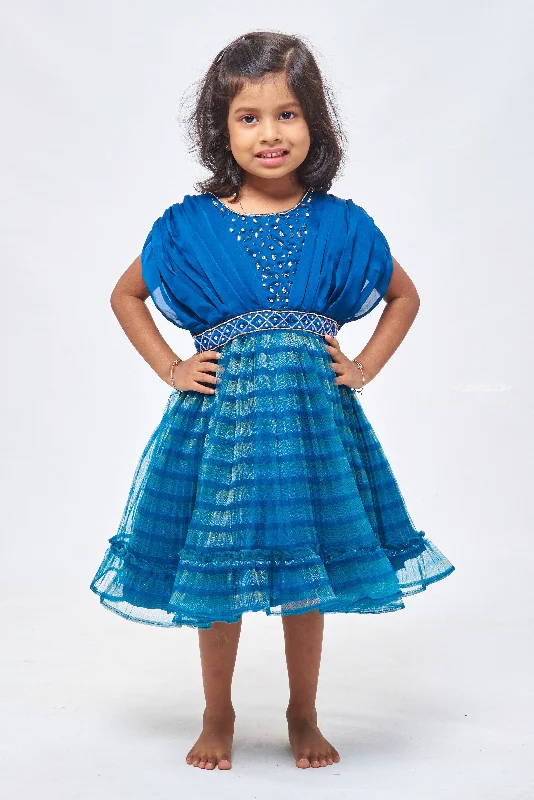 Everyday Wear Dazzling Blue Gala Frock for Girls: Adorned with Rhinestones & Reflective Mirror Accents Everyday Wear Dazzling Blue Gala Frock for Girls: Adorned with Rhinestones & Reflective Mirror Accents