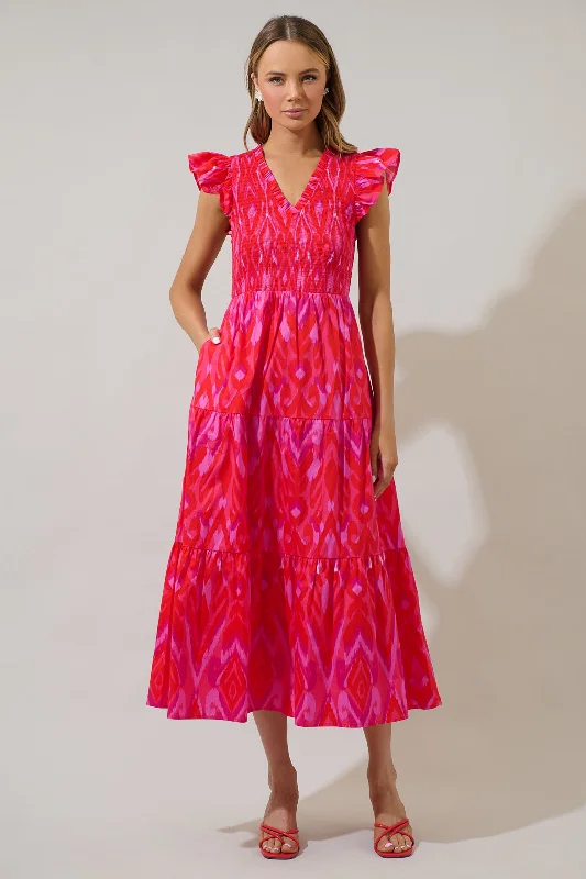 Chic Style, Always In Vogue Blevin Ikat Sunfire Smocked Bodice Tiered Midi Dress