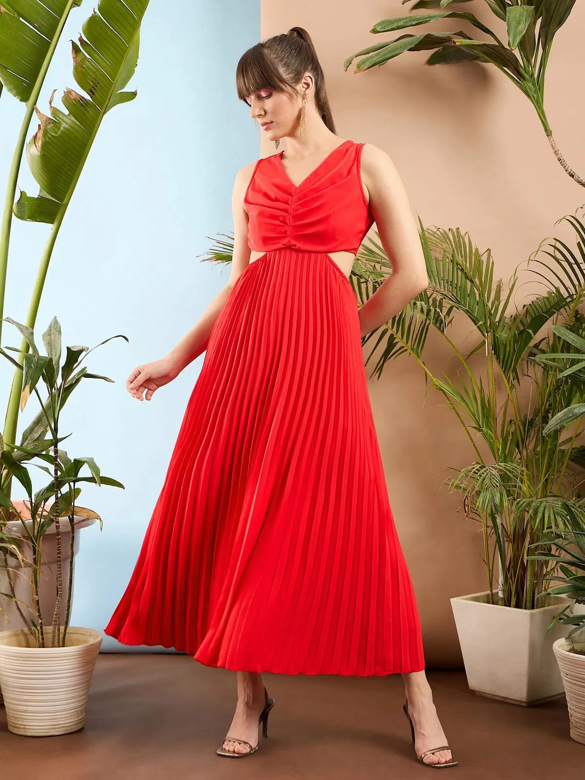 Sale Clothes Online Women Red Waist Cut Out Pleated Maxi Dress