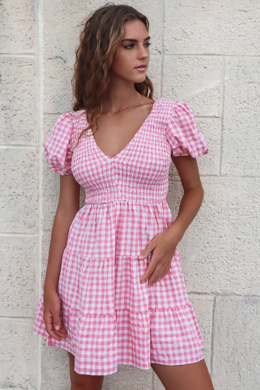 Evening Elegance Vera Mini Dress - Pink Gingham