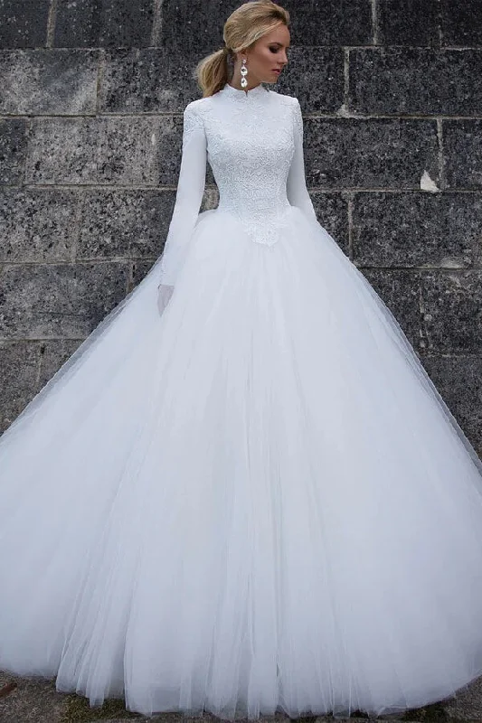 Save Big Roycebridal Tulle Ball Gown High Collar Long Sleeves Wedding Dresses, Wedding Gown, MW789