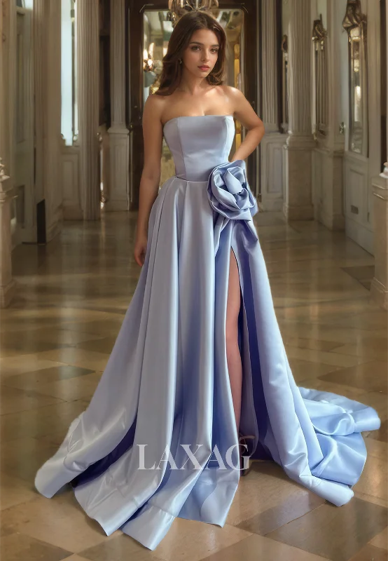 Comfortable Casual Women’s Clothing Off-Shoulder Tube Top Satin A-Line Formal Party Gowns Sleeveless Floral Embellishe Prom Dress Slit with Train