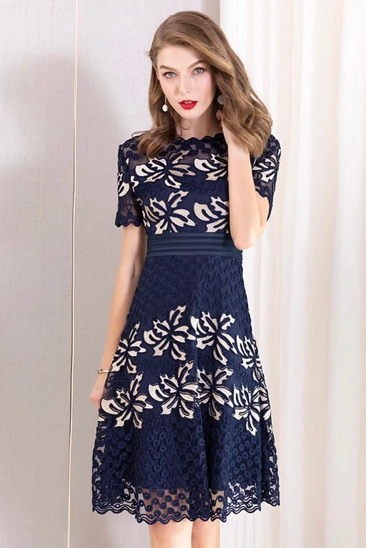 Top Deals Color Contrast Floral Lace Dress