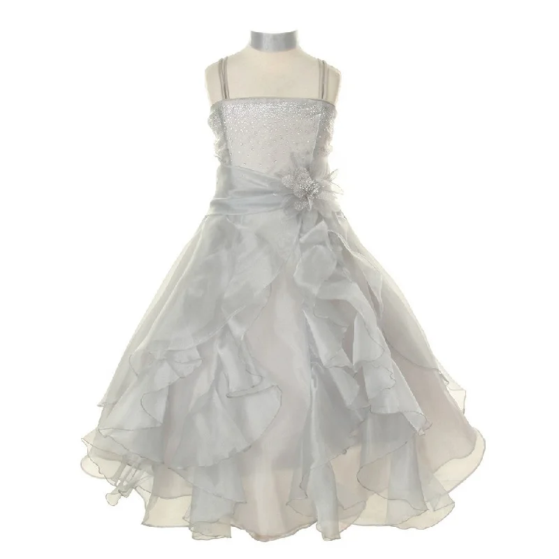 Comfort First Women's Wear Big Girls Silver Crystal Organza Cascade Ruffle Dress 8-14 Comfort First Women's Wear Big Girls Silver Crystal Organza Cascade Ruffle Dress 8-14