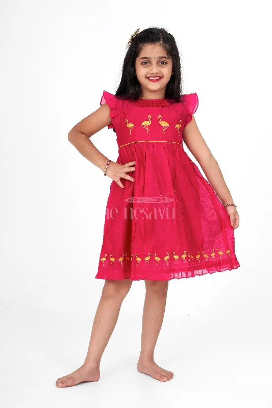 Trend Alert Red Chanderi Girls Party Frock with Gold Flamingo Embroidery Elegant and Festive Wear Trend Alert Red Chanderi Girls Party Frock with Gold Flamingo Embroidery Elegant and Festive Wear