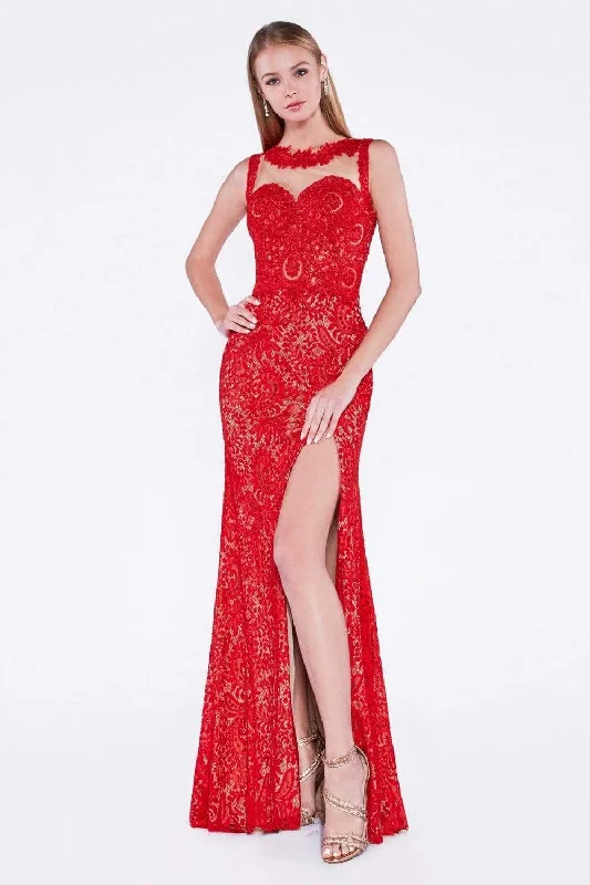Chic Wardrobe Cinderella Divine - Illusion Jewel Neck Lace Evening Gown with Slit