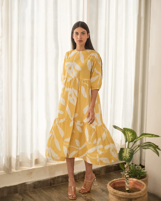 Clothes Of Woman Yellow Floral Print Tier Dress