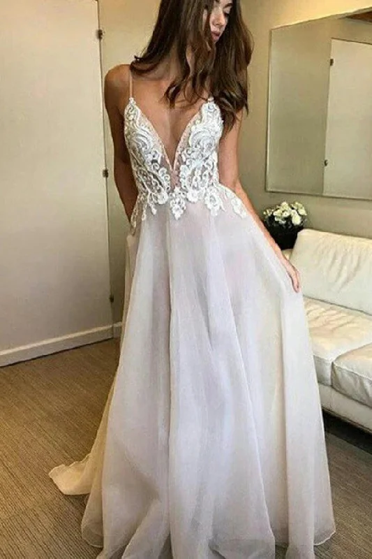 Minimalist Style Roycebridal Spaghetti Straps Deep V-neck Lace Appliqued Beach Wedding Dress, MW306