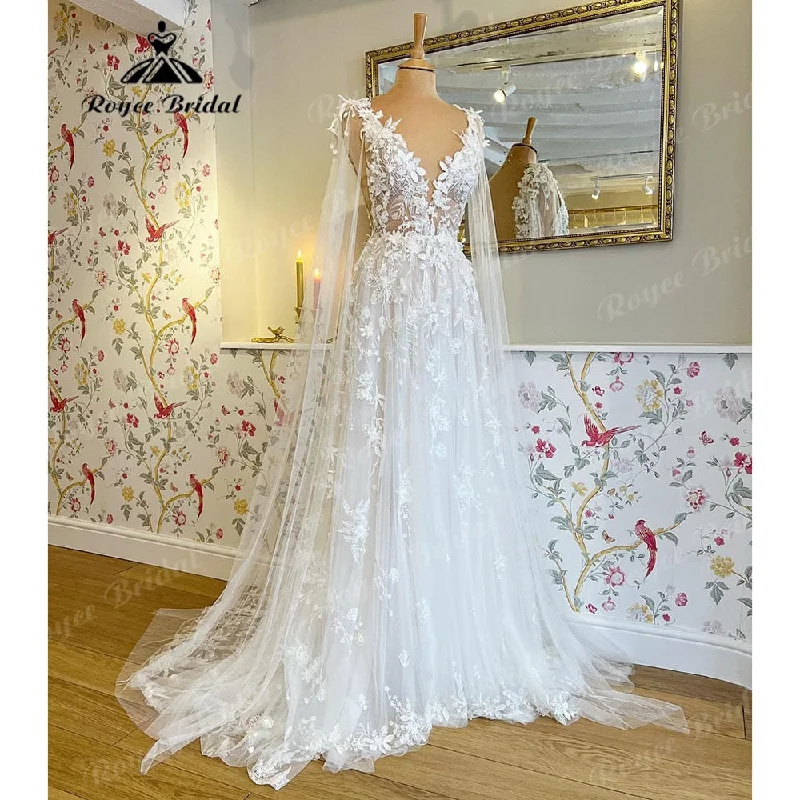 Trend Forward Threads Romantic Lace Floral Fairy Beach Wedding Dress with Deep V Neck 2025 Bridal Gown Wedding vestido largo invitada boda Roycebridal Trend Forward Threads Romantic Lace Floral Fairy Beach Wedding Dress with Deep V Neck 2025 Bridal Gown Wedding vestido largo invitada boda Roycebridal