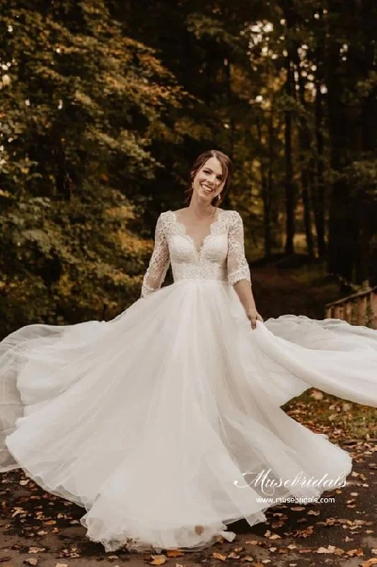 Women's Clothes Roycebridal Tulle Lace A-line 3/4 Sleeves Backless Wedding Dresses, Bridal Gown, MW878 Women's Clothes Roycebridal Tulle Lace A-line 3/4 Sleeves Backless Wedding Dresses, Bridal Gown, MW878