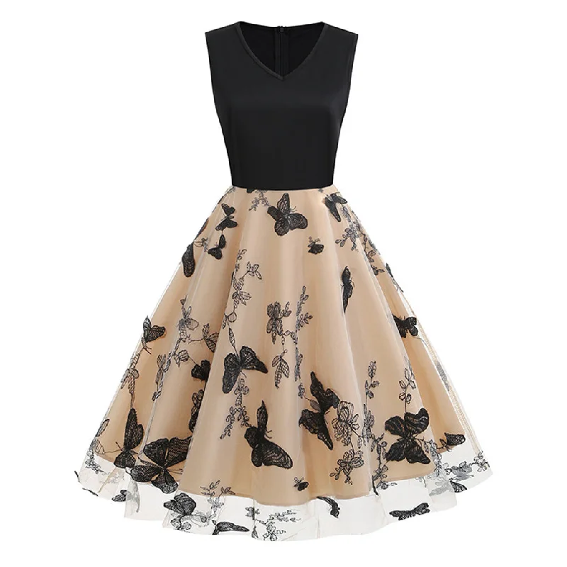 Effortless Chic for Women Ethereal V Neck Sleeveless High Waist Fit and Flare Butterfly Tulle Midi Dress Effortless Chic for Women Ethereal V Neck Sleeveless High Waist Fit and Flare Butterfly Tulle Midi Dress