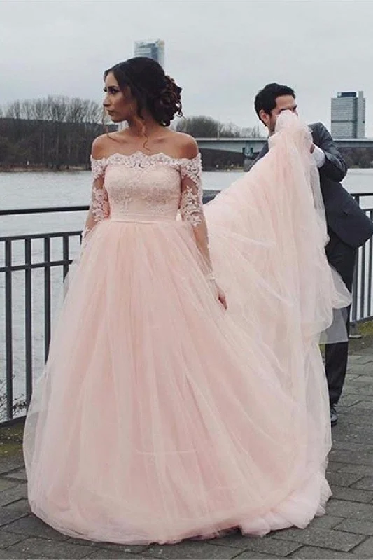Clothes For Sale Roycebridal Blush Pink A-line Off Shoulder Long Sleeves Wedding Dress, Bridal Gown, MW959 Clothes For Sale Roycebridal Blush Pink A-line Off Shoulder Long Sleeves Wedding Dress, Bridal Gown, MW959