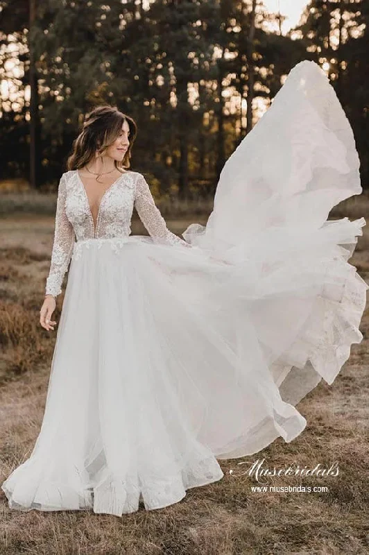 Limited Time Offer Roycebridal Tulle A-line V-neck Long Sleeves Wedding Dresses With Lace Appliques, MW920 Limited Time Offer Roycebridal Tulle A-line V-neck Long Sleeves Wedding Dresses With Lace Appliques, MW920