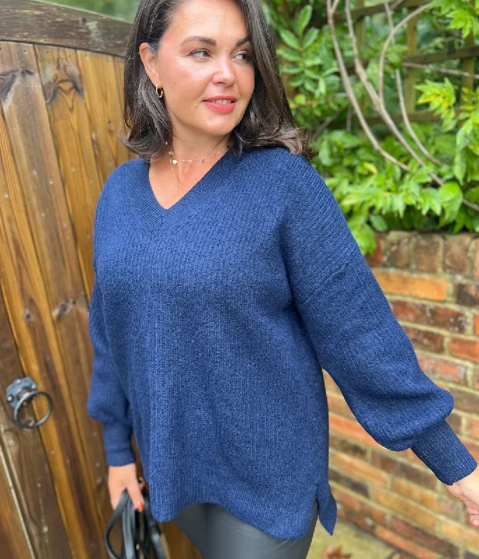 Clearance Sale Online Navy Ribbed V Neck Jumper