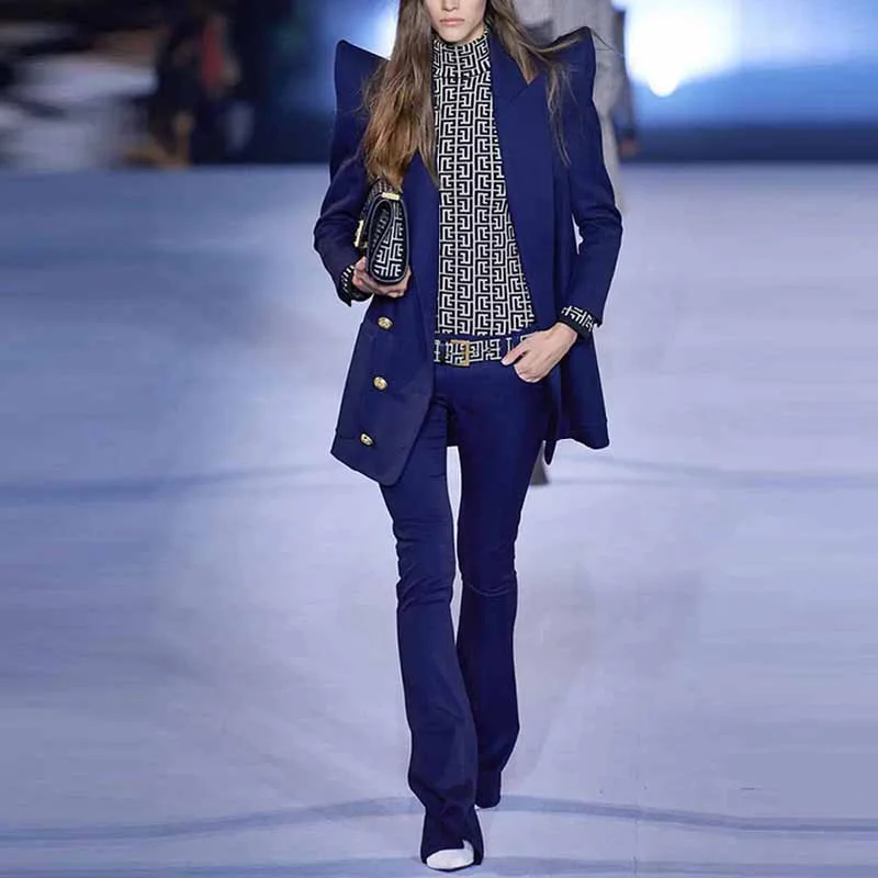 Relaxed Fashion Women's Dark Blue Pantsuit Blazer+ Puff Sleeves Oversize Suit Fashion Pantsuit Relaxed Fashion Women's Dark Blue Pantsuit Blazer+ Puff Sleeves Oversize Suit Fashion Pantsuit