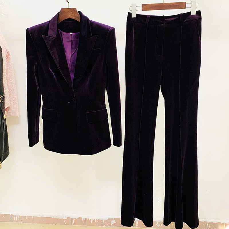 Online Boutique Clothing Women Velvet Blazer Pantsuit+ Flare Trousers Suit
