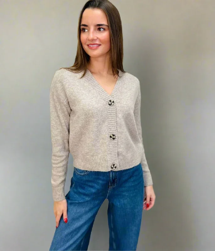 Chic Styles Beige Soft Knit Button Cardigan